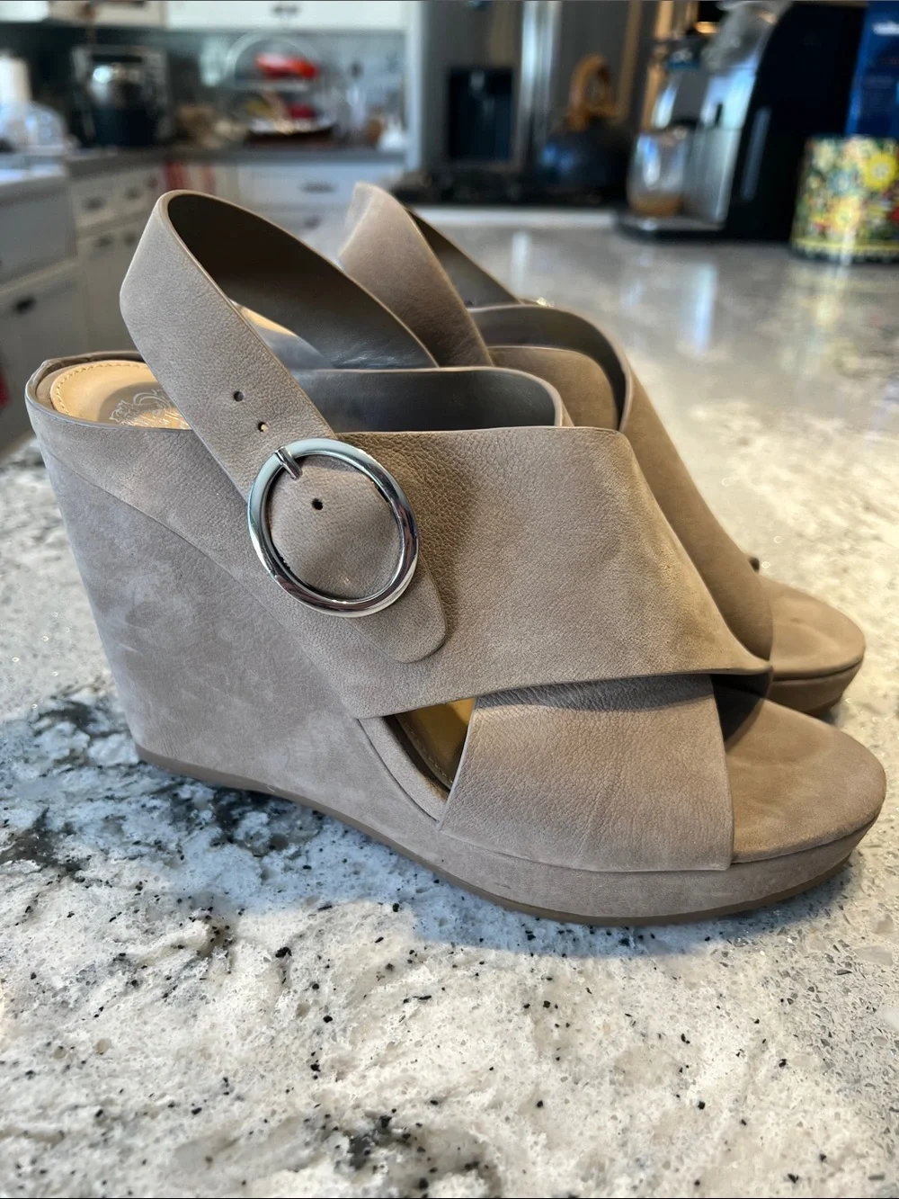 Vince Camuto Iteena Taupe Suede Wedge Sandals Size 7 EUC